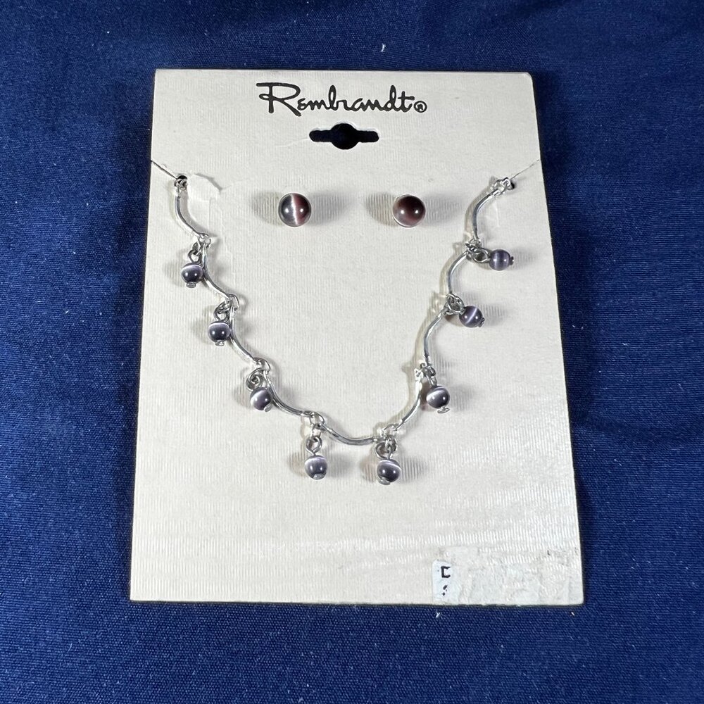 Rembrandt Silver Tone Necklace & Earrings Set With Purple Beads On Original Card